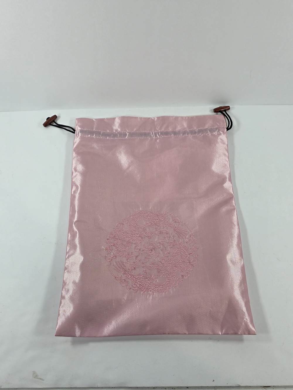 Large Satin Feel Drawstring Pink Embroidered Bag 10.5 X 14.5